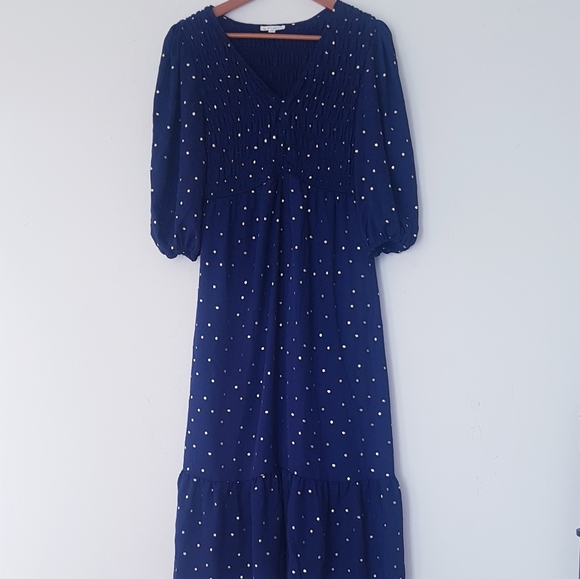 BY THE RIVER Blue & Gold Polkadot V-Neck Tiered Midi Dress - Picture 4 of 13